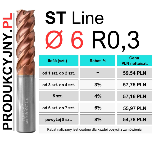 Frez z promieniem naroża fi 6 R0,3 ST LINE